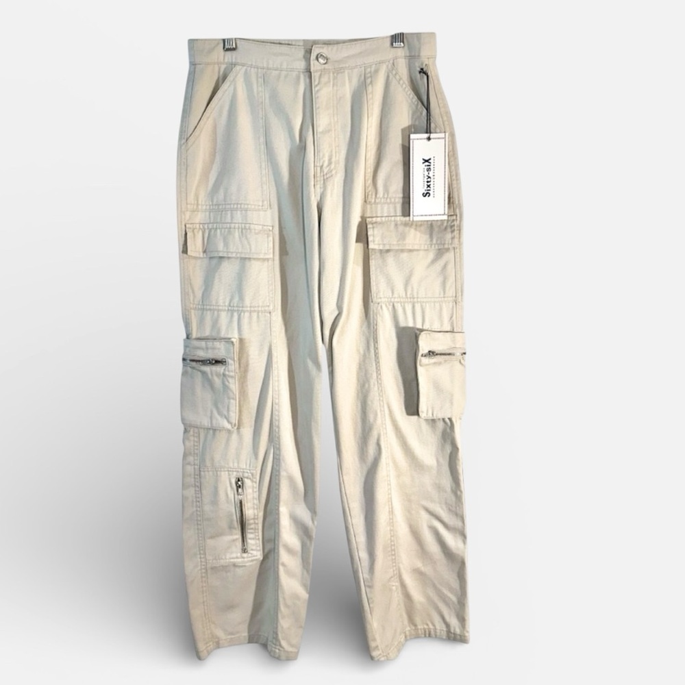 NWT Sixty-Six Los Angeles Beige Multi Pocket Beige Cargo Wide Leg Pants Size 5